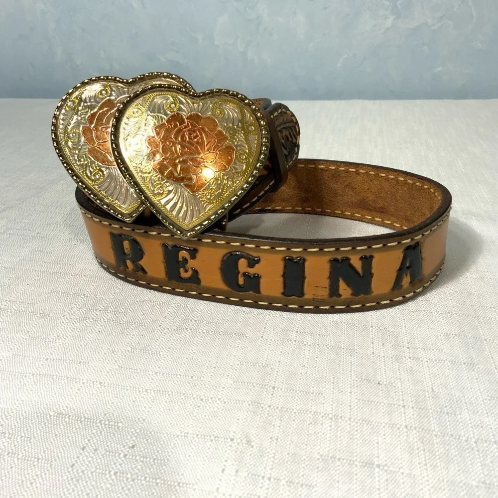 Western Brown Leather Monogrammed “Regina” Belt DBL Heart With Roses Buckle Sm